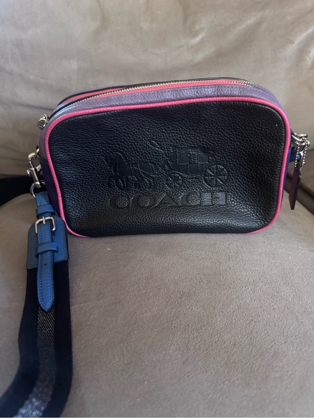 Coach Black Leather Camera Crossbody with Pink Trim